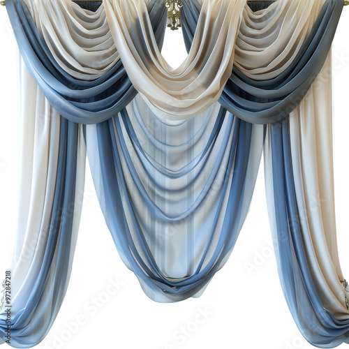 Elegant Blue and Beige Sheer Curtains with Swag Valance