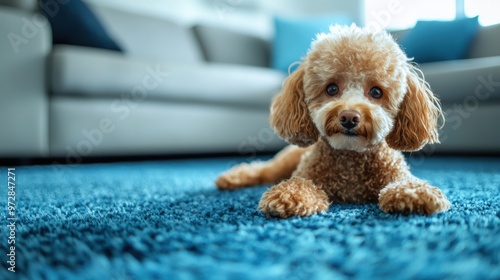 Toy poodle laying on a blue carpet