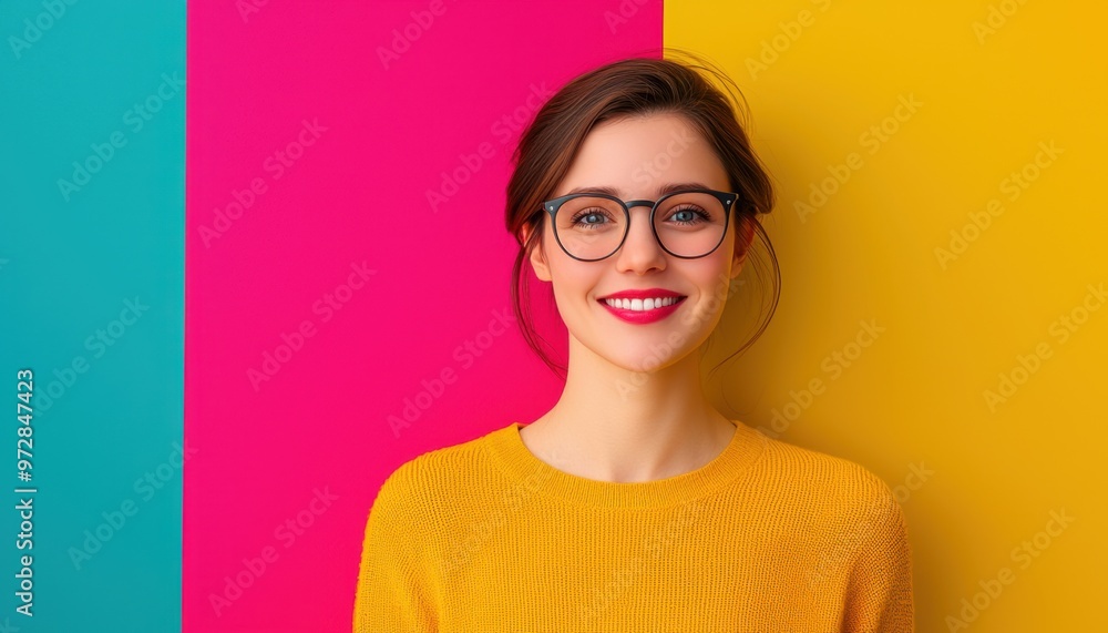 Smiling woman with glasses against a colorful background wearing a yellow sweater. Vibrant and cheerful fashion portrait. Smiling woman with glasses against a colorful background wearing a yellow sweater. Vibrant and cheerful fashion portrait.