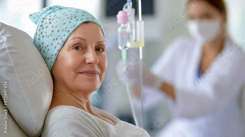 A senior woman receiving chemotherapy in an oncology clinic, with a nurse monitoring her IV drip