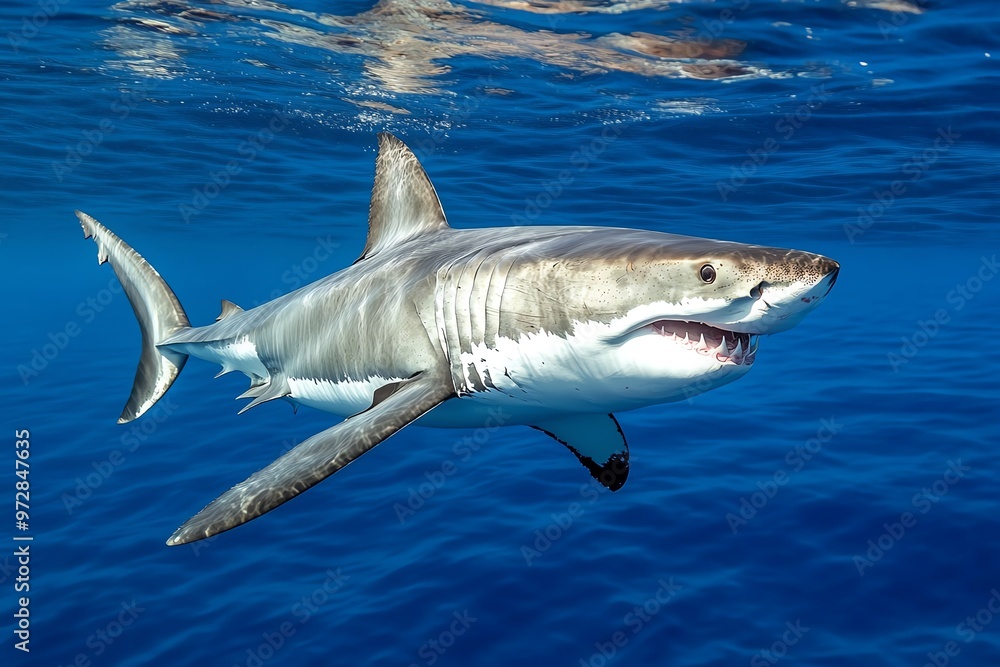 Fototapeta premium A great white shark cutting through the deep ocean, its dorsal fin visible above the surface as it patrols its territory