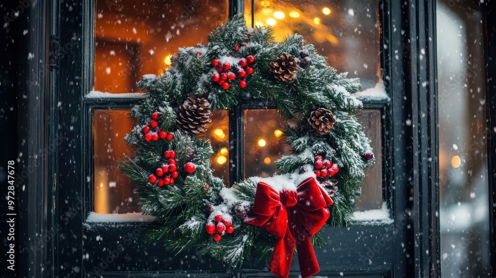 Fototapeta premium A classic Christmas wreath hangs on the door of a snow-covered home. 