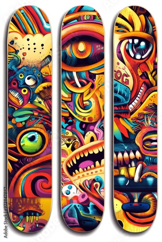 Vibrant and Creative Skateboard Deck Design with Bold Abstract Patterns