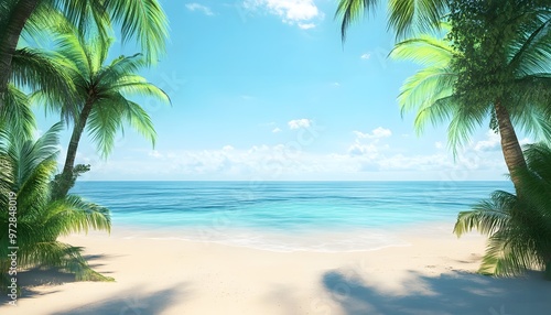 A tranquil beach scene featuring clear waters, soft sand, and lush palm trees under a bright blue sky. photo