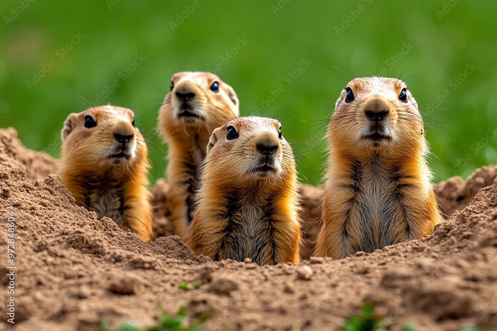 A group of prairie dogs standing at attention, their heads poking out of their burrows as they keep watch for predators A group of prairie dogs standing at attention, their heads poking out of their burrows as they keep watch for predators