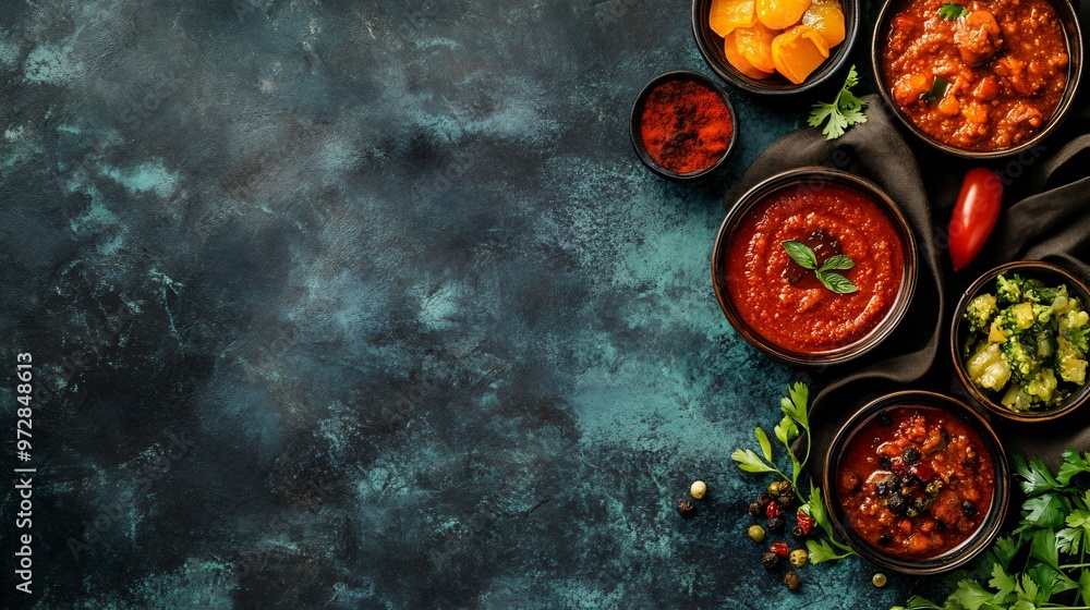 Top view of various dips and spices on rustic blue background with copy space. Top view of various dips and spices on rustic blue background with copy space.