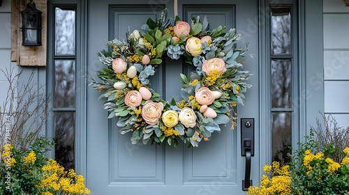 A decorative wreath adorns a blue front door, surrounded by blooming yellow flowers. photo