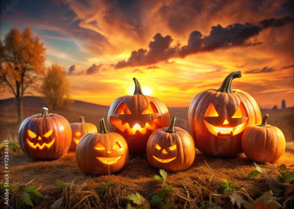 Ghostly pumpkins in orange sunset glow Ghostly pumpkins in orange sunset glow