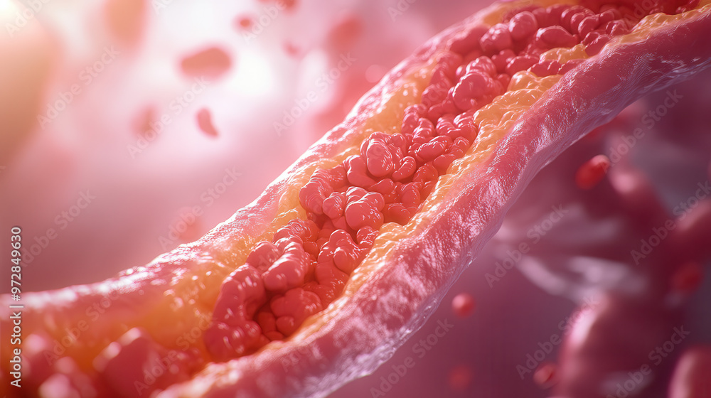 Detailed illustration of blood vessel structure with flowing red blood cells and healthy inner lining, emphasizing human anatomy. Detailed illustration of blood vessel structure with flowing red blood cells and healthy inner lining, emphasizing human anatomy.