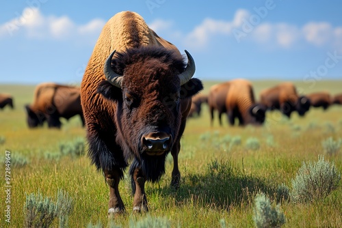 A herd of bison grazing on the plains, their massive bodies moving slowly as they feed on the grasses of the open prairie photo