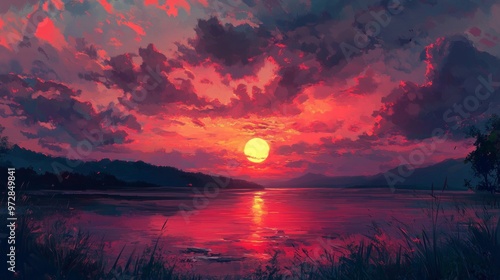 Somber and dramatic scene of a landscape at sunset, with the sky ablaze in shades of crimson, casting a melancholic atmosphere