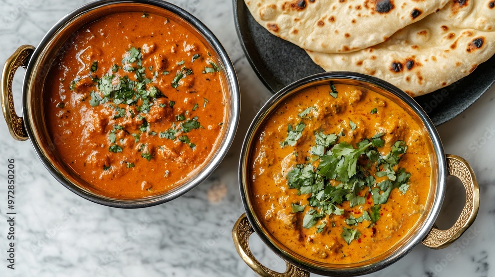 Two bowls of curry with cilantro garnish and two flatbreads on a black plate, all on a marble surface. Two bowls of curry with cilantro garnish and two flatbreads on a black plate, all on a marble surface.
