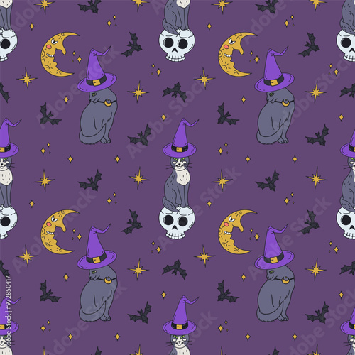 Seamless pattern with cute hand drawn Halloween witchy black cats sitting on top of skull. Line art spooky repeat background.