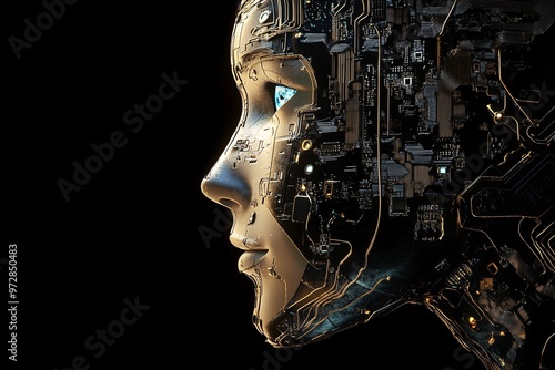 A futuristic humanoid robot with intricate circuits and wires visible in a dark backdrop, showcasing advanced technology and design photo