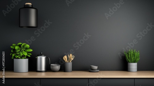 A kitchen with appliances, cutlery, dishes and plant pots