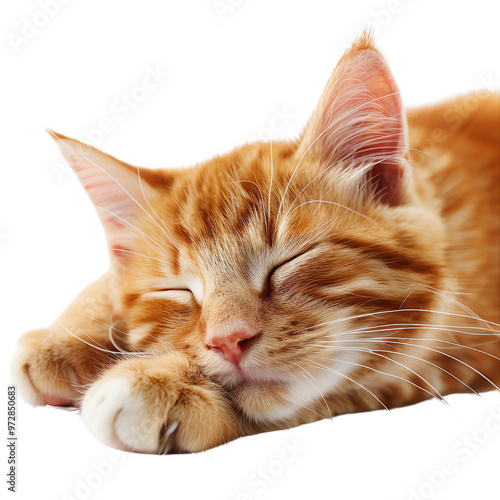 Close-up of a cute orange tabby cat sleeping peacefully with paws tucked under its chin, showcasing its relaxed and content expression., transparent background photo