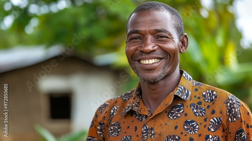 Joyful Middle-Aged Tanzanian Man in Kanzu Embracing Natural Beauty with Candid Smile photo