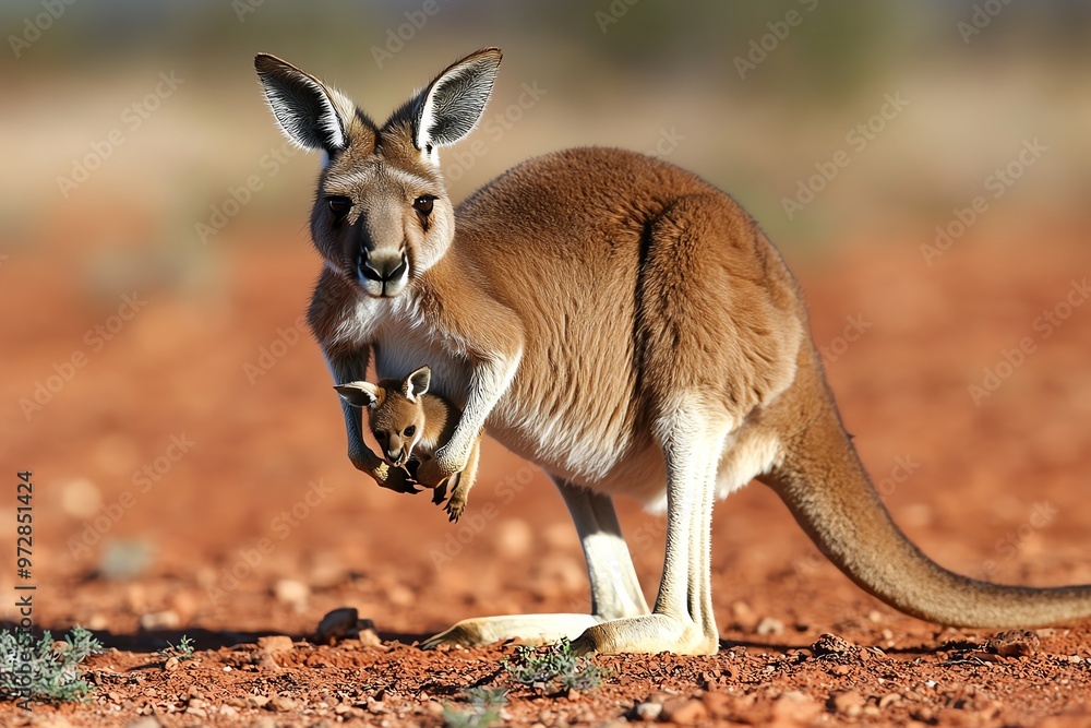 A kangaroo hopping across the Australian outback, carrying her joey in her pouch as she moves across the red earth A kangaroo hopping across the Australian outback, carrying her joey in her pouch as she moves across the red earth