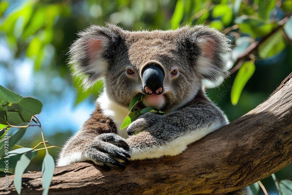 Naklejka premium A koala perched in a eucalyptus tree, lazily chewing leaves in the warm Australian sun