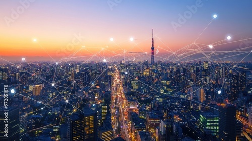 Wallpaper Mural A futuristic cityscape with a network of glowing lines connecting buildings, symbolizing the interconnectedness of modern life and technology. Torontodigital.ca