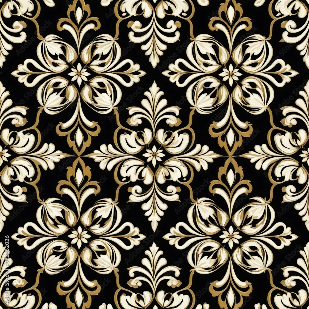 A beautiful floral pattern in black and white with subtle gold accents A beautiful floral pattern in black and white with subtle gold accents