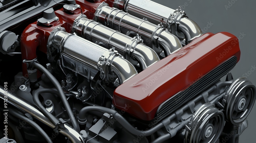 9. **Detailed 3D depiction of a V8 engine with exposed cylinder heads and exhaust manifolds 9. **Detailed 3D depiction of a V8 engine with exposed cylinder heads and exhaust manifolds