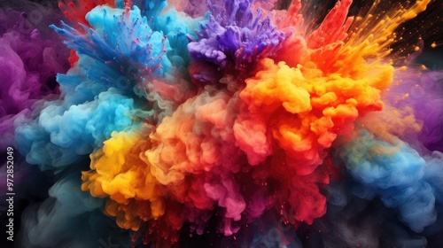 A vibrant explosion of colorful smoke and particles creating an abstract and dynamic visual effect.