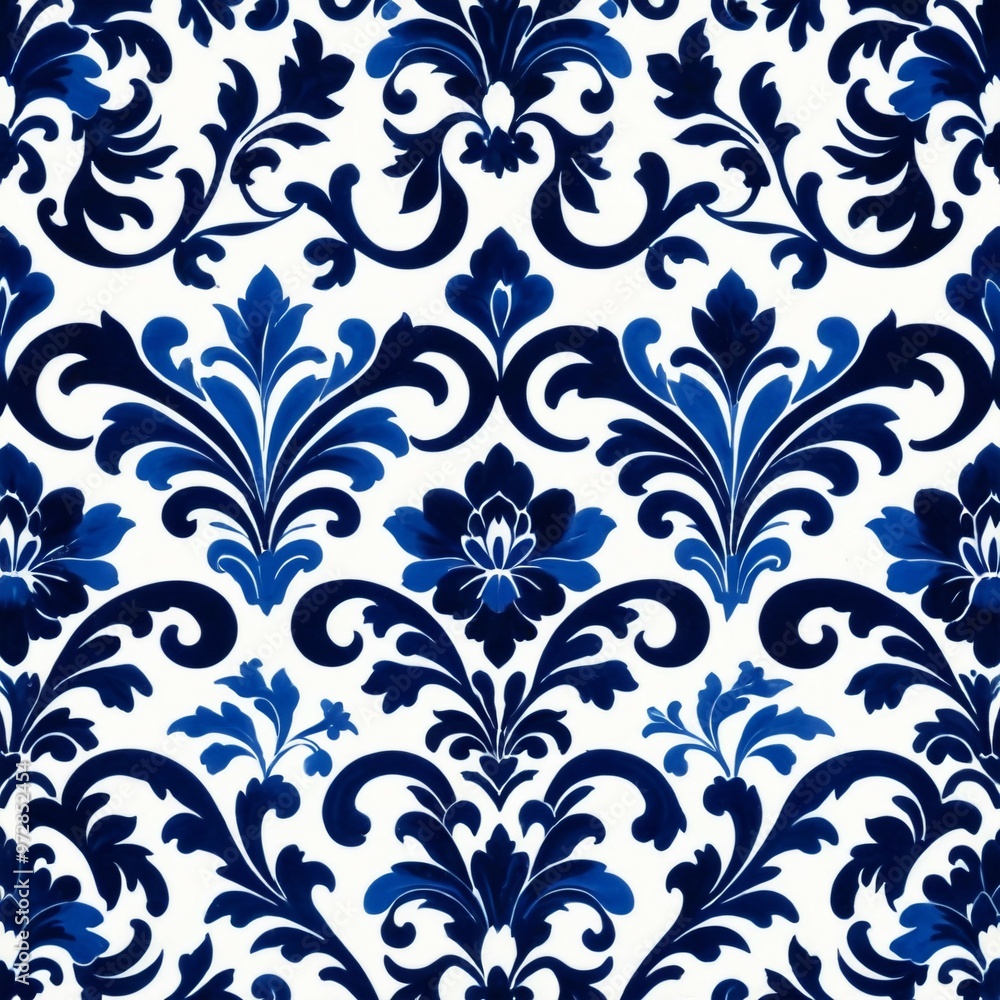 A beautiful floral pattern in shades of blue and white on a white background A beautiful floral pattern in shades of blue and white on a white background