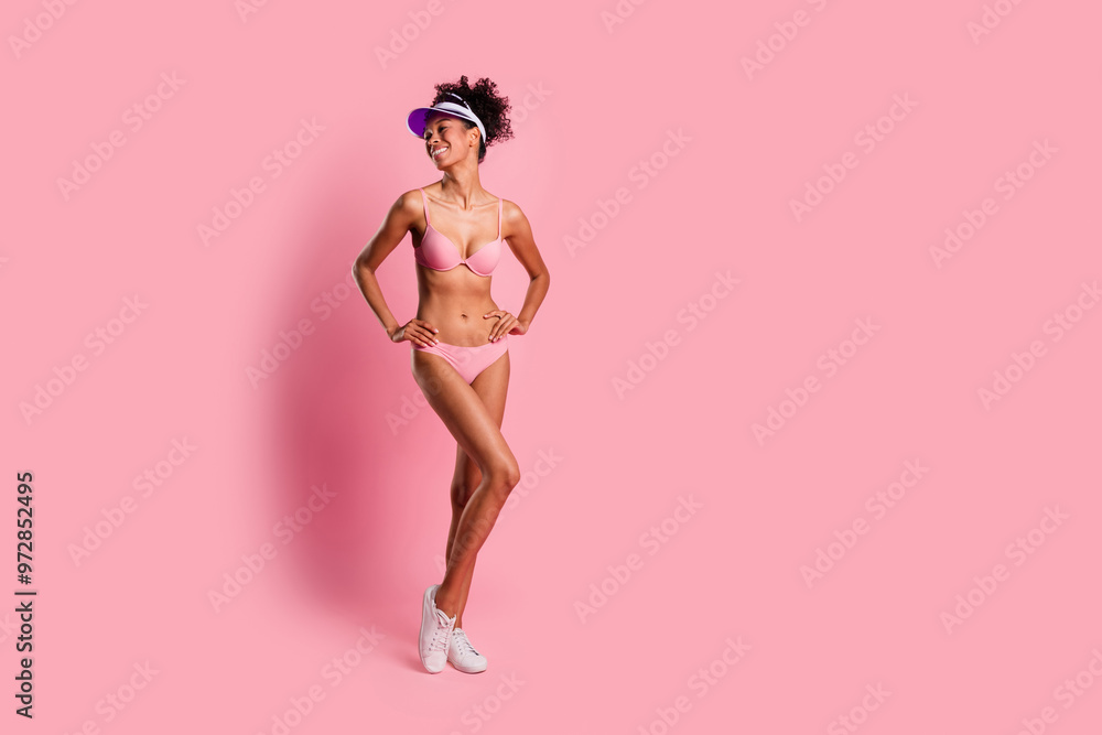 Full length photo of dreamy sexy woman underwear cap enjoying sea resort empty space isolated pink color background Full length photo of dreamy sexy woman underwear cap enjoying sea resort empty space isolated pink color background