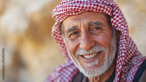 Authentic Elderly Israeli Man Embracing Bedouin Culture with Candid Smile in Natural Beauty Setting