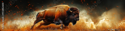 A powerful bison charging through a dust cloud in a vibrant autumn landscape, perfect for wildlife conservation themes and outdoor adventure promotions.