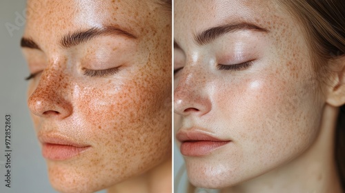 Before and after image of a womans face with freckles