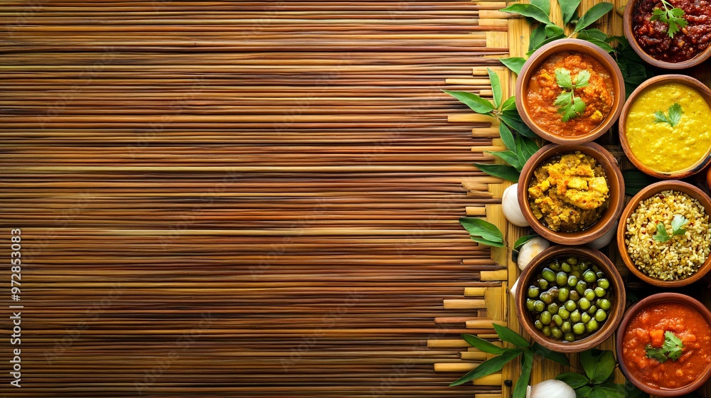 Various Indian dishes and garnishes on a wooden background with copy space. Various Indian dishes and garnishes on a wooden background with copy space.
