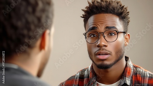 Young man with glasses in deep conversation