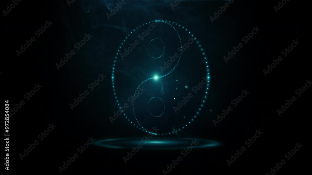 Glowing neon Yin Yang symbol made of many small blue flashing dots, lights rotating in smoke and flying dust in the dark. Sacred geometry. Composite 4K looping video with 3D animation. Glowing neon Yin Yang symbol made of many small blue flashing dots, lights rotating in smoke and flying dust in the dark. Sacred geometry. Composite 4K looping video with 3D animation.