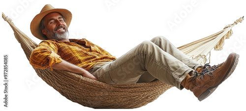 A man wearing a hat relaxes in a hammock