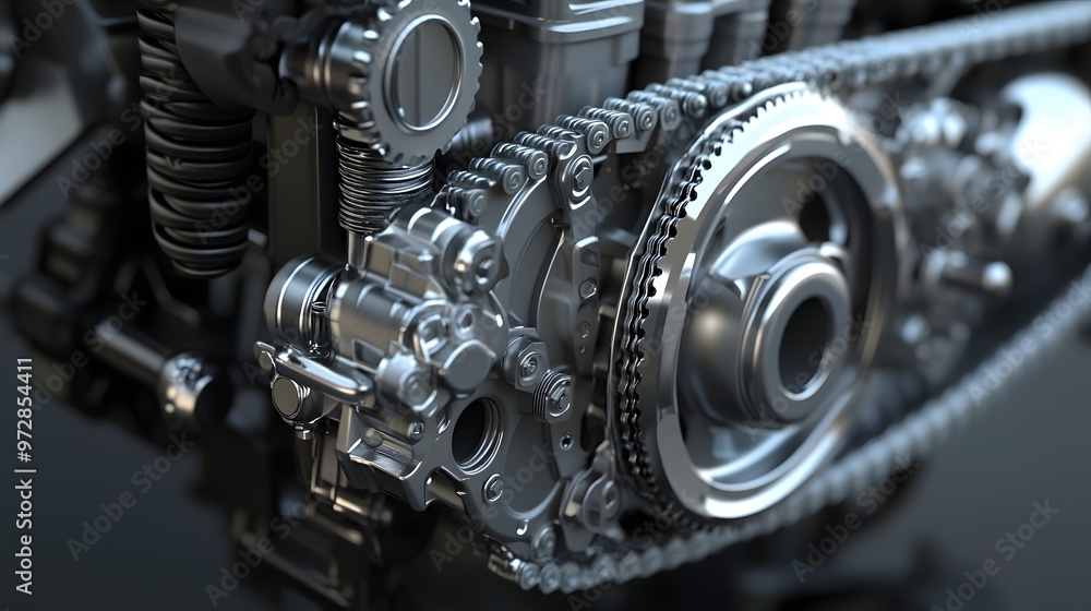 4. **3D depiction of a compact motorcycle engine with visible camshaft and gearbox 4. **3D depiction of a compact motorcycle engine with visible camshaft and gearbox