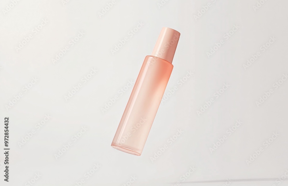 A simple, elongated cosmetic bottle hovering in mid-air, with smooth surfaces and clean lines, suspended against a white background A simple, elongated cosmetic bottle hovering in mid-air, with smooth surfaces and clean lines, suspended against a white background