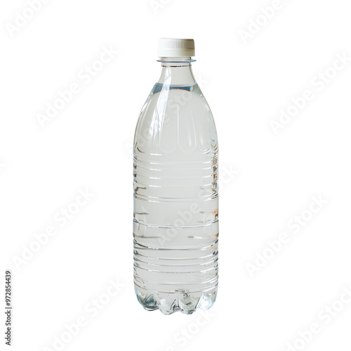 Clear plastic water bottle with white cap. Perfect for hydration, travel, and fitness. Includes label space for customization. photo