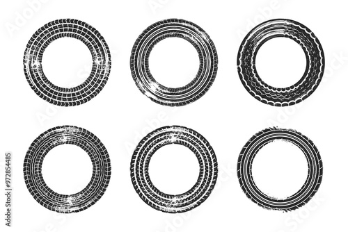 Grunge tire tread tracks set. Tire tracks or wheel braking tracks in circle form. Car and motorcycle tread patterns. Dirty grunge textures of wheels. Vector.
