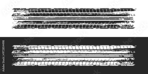 Grunge tire tread. Tire track or wheel braking track. Car and motorcycle tread pattern. Dirty grunge textures of wheels. Vector.