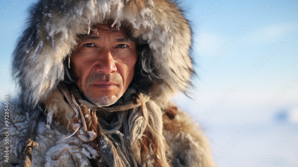 Eskimo male hunter with fur hood and warm clothes in winter scenery. Neural network ai generated art Eskimo male hunter with fur hood and warm clothes in winter scenery. Neural network ai generated art