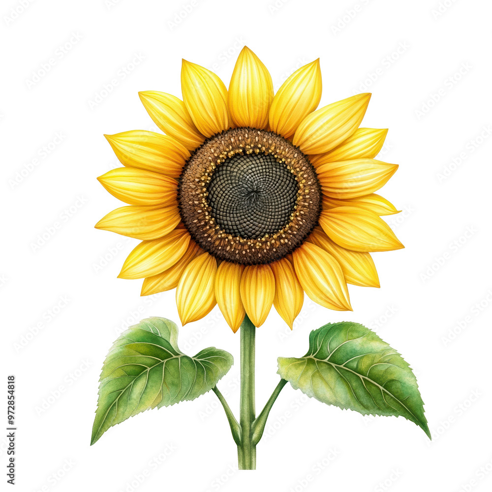 Fototapeta premium Vibrant sunflower illustration with yellow petals and green leaves, perfect for nature-themed designs and floral decorations.