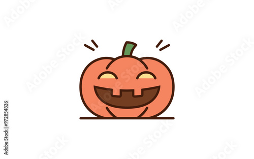 A cute and cheerful illustration of a jack-o'-lantern with a wide, happy grin. The pumpkin features simple, playful facial expressions, with closed, smiling eyes and a toothy smile.