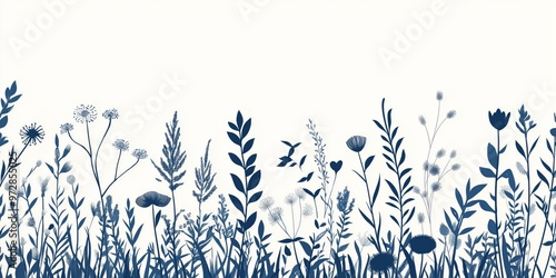 Elegant botanical illustration featuring diverse blue wildflower and grass silhouettes. Seamless horizontal pattern ideal for nature-inspired designs and decor