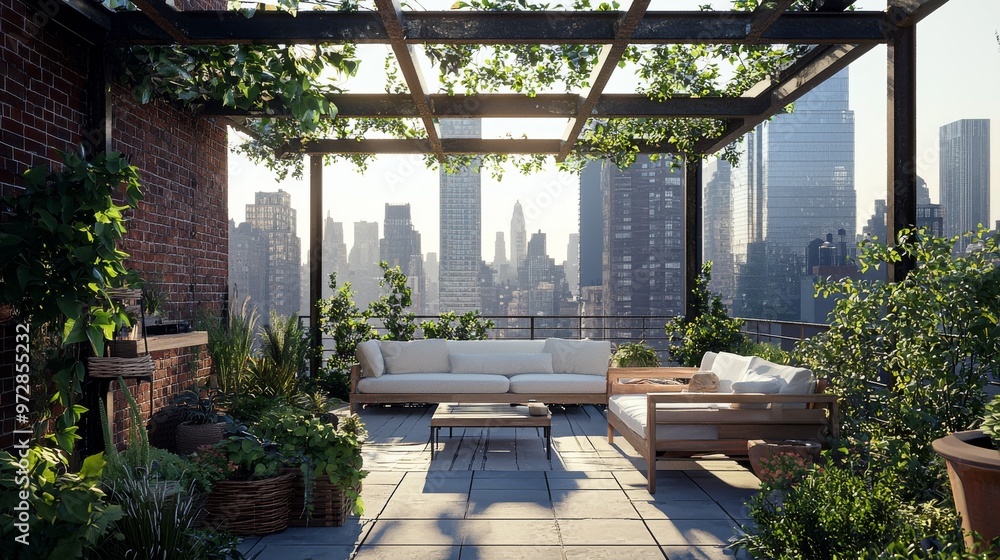 Decorative furniture on the patio of a top floor city apartment. Decorative furniture on the patio of a top floor city apartment.