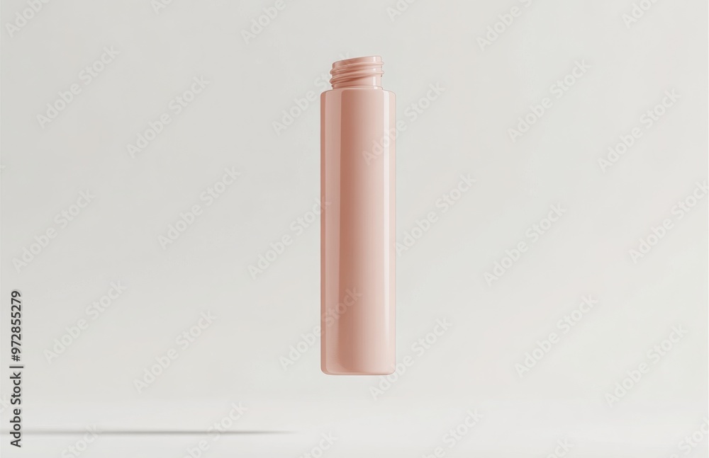 A simple, elongated cosmetic bottle hovering in mid-air, with smooth surfaces and clean lines, suspended against a white background A simple, elongated cosmetic bottle hovering in mid-air, with smooth surfaces and clean lines, suspended against a white background