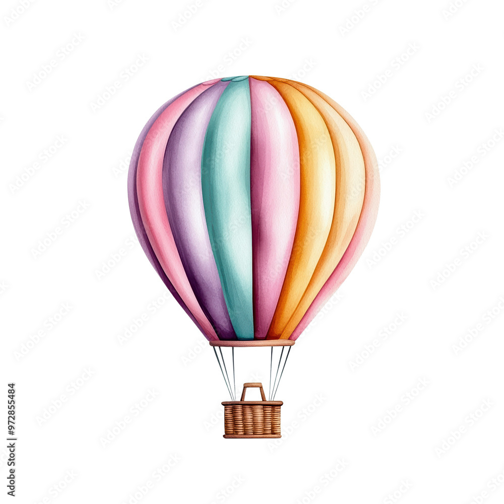 Naklejka premium Colorful hot air balloon soaring in the sky, symbolizing adventure and freedom with vibrant hues and a picturesque landscape.