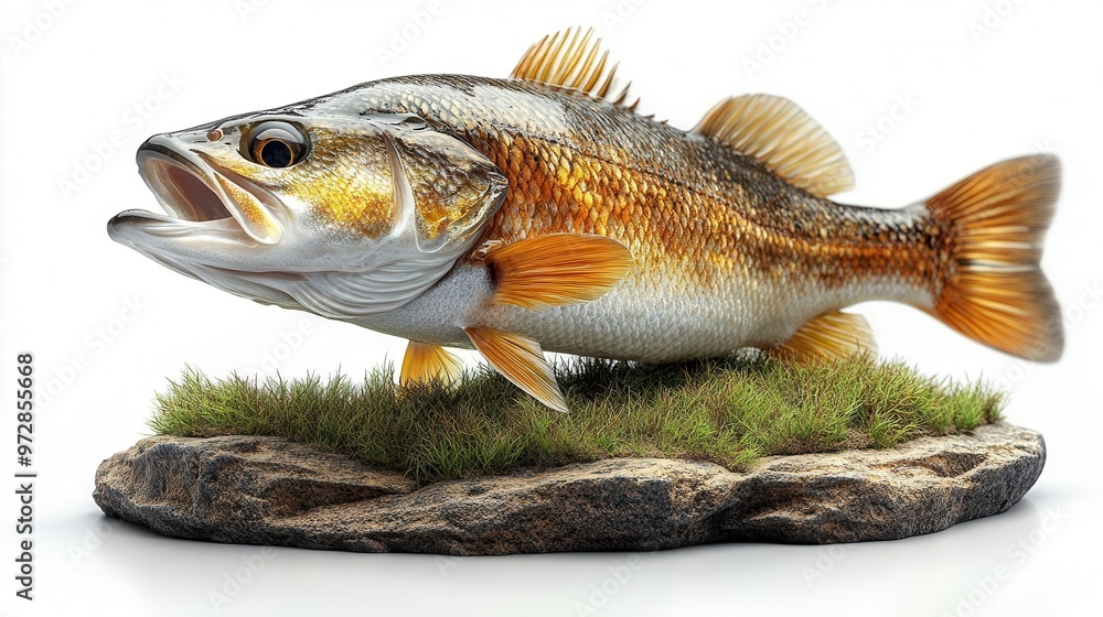 A detailed lifelike fish replica mounted on a rock with artificial grass A detailed lifelike fish replica mounted on a rock with artificial grass