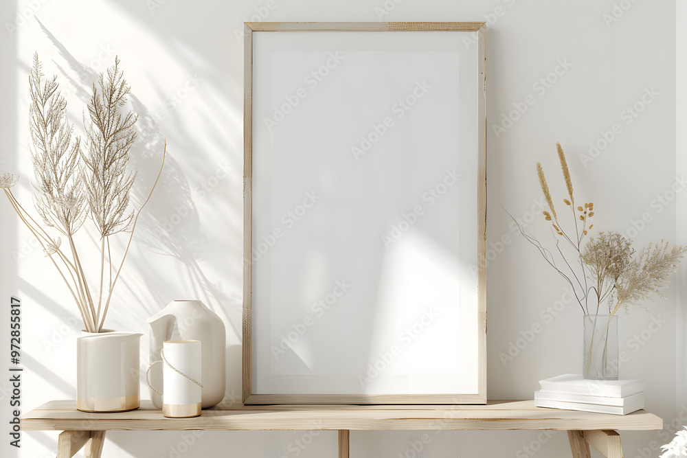 Interior poster mockup with vertical wooden frame in home interior background. Generative Ai. Interior poster mockup with vertical wooden frame in home interior background. Generative Ai.